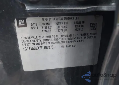 2015 Chevrolet Impala 1Lt из США, поврежденный, VIN 1G1115SLXFU100378